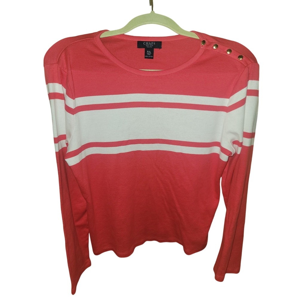 Chaps Petite Striped Long Sleeve‎ Top Gold Button Detail PXL in Pink